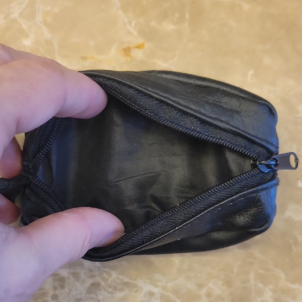 Black Compact Change Purse with Zippered Closure and Keyring